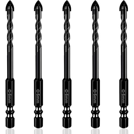 Lot de 5 forets professionnels 6 mm pour brique, carrelage céramique, béton, verre, porcelaine, mur, plastique, ciment et bois (1/5)