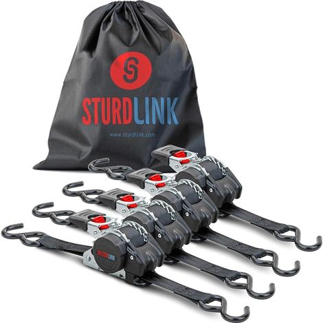 Cinta de trinquete 3 m 25 mm ganchos en S LC 300daN, 600daN en U  Enrollador de cinta  Equipo de sujeción para remolque, moto, quad y auto  Set de 4 + Bolsa (1/5)