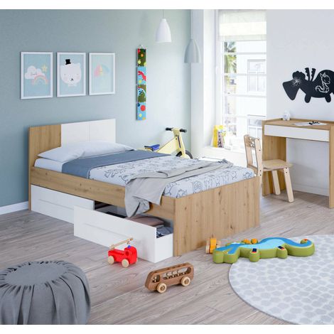Dmora Lit simple Anaheim, Lit conteneur simple avec tête de lit, Cadre de lit avec 2 tiroirs pour chambre, cm 196x97h77, Chêne noueux et Blanc, avec emballage renforcé (1/4)