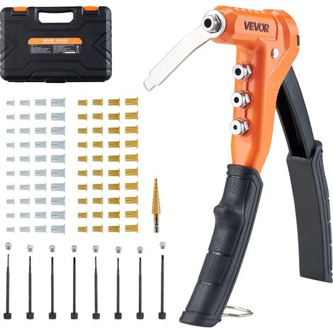 Riveteuse Manuelle 23 cm, Kit d'Outils à Riveter Complet, pour Bricoleur Maison, avec 8 Mandrins, 1 Foret Étagé et 80 Écrous, Métriques et SAE M3, M4, M5, M6, 6-32, 8-32, 10-24, 1/4-20 UNC (1/5)