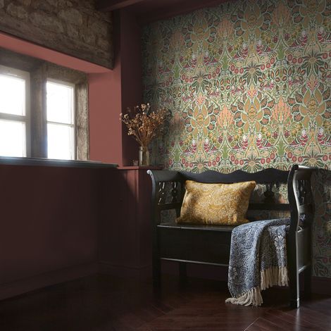 Papier peint intissé William Morris Dove & Rose Olive 1005 x 52cm Vert olive, ocre, rouge, beige (1/5)