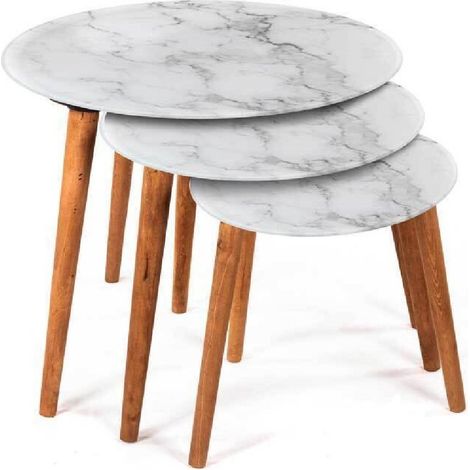 Kaela - Set 3 Tavolini Effetto Marmo Piedi Legno Salotto Moderno Tondi ø53-39-30cm 839429 - (1/2)