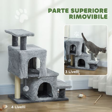 Échelle pour chat à 4 marches réglable en hauteur avec 2 niches. griffoir et balle. grise (1/5)