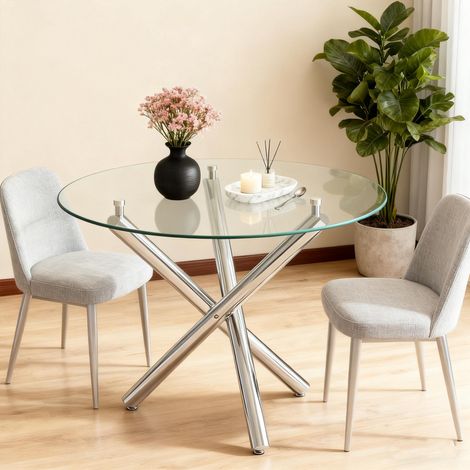 Table de salle à manger ronde avec plateau en verre trempé et pieds en métal, table basse, table de salle à manger moderne et minimaliste, 80 × 80 × 76 cm