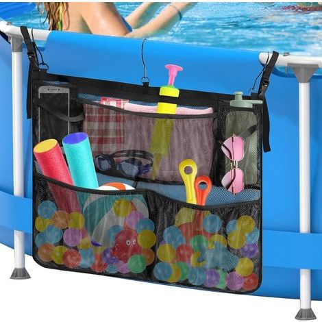 Pool accessory organizer, storage basket with 5 pockets, compatible with 5cm short top rail, black (1/5)