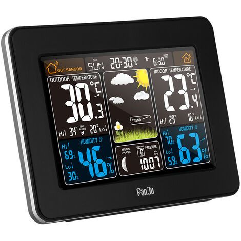 Tigrezy Funk-Wetterstation, digitale bunte Wetteruhr mit Außensensor, Innen-Außenthermometer mit Datum, Temperatur, Luftfeuchtigkeit, Barometer, Phasenalarm