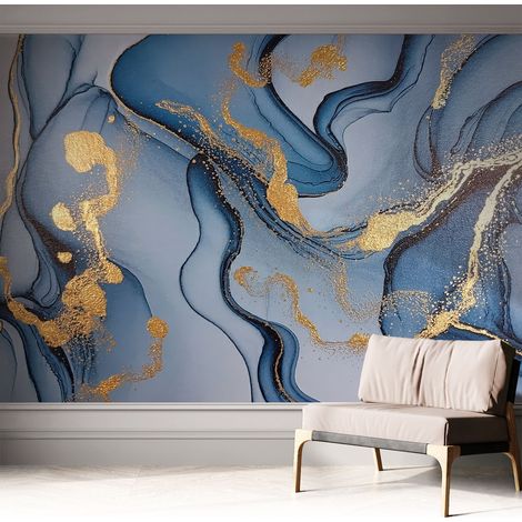 Papier peint adhésif autocollant pour salon chambre à coucher peint imprimé pour mur Vagues bleues 312x219 cm (1/5)