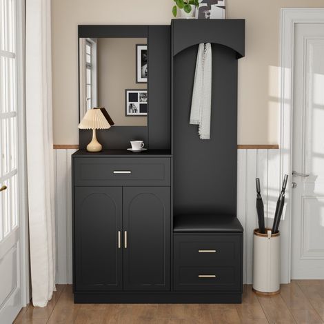 Mobile da ingresso 110x33x185,5 cm - con scarpiere, ripiano e specchio - MDF - Nero (1/5)