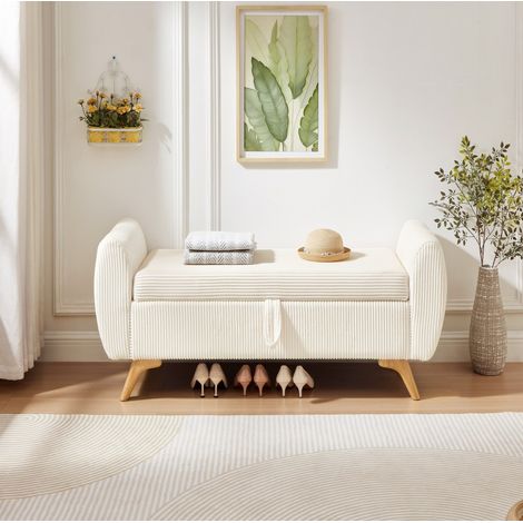 Banc coffre 145x51x45 cm beige en velours côtelé, pieds en bois, gain de place – MEUBLIV (1/5)