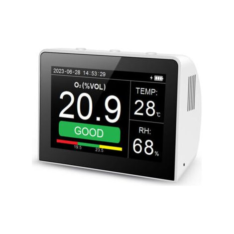 QORVA-Détecteur qualité d’air 3 en 1 O2/Humidité/Température de bureau multifonction, moniteur intérieur/extérieur O2, thermohygromètre numérique 3,5 pouces avec enregistreur de données, batterie rech