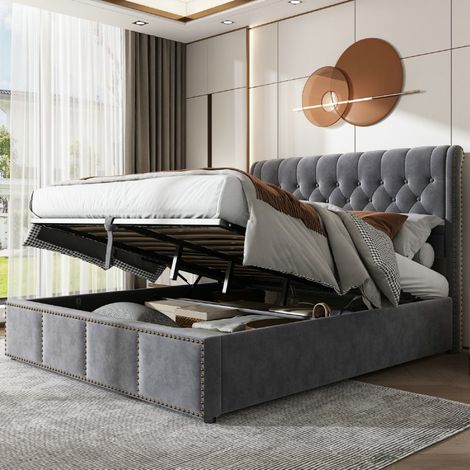 Lit coffre 140 x 190 cm en velours gris, sommier à lattes et levage hydraulique (1/5)