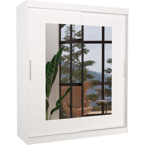 Armoire de chambre moderne blanche 2 portes coulissantes avec miroir Rozika 180cm (1/5)