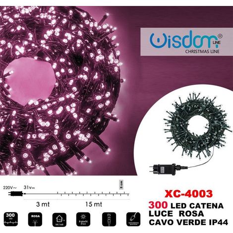 Wisdom - Catena Luminosa 300 Luci Led Lucciole Luce Rosa Cavo Verde Ip44 Xc-4003 -