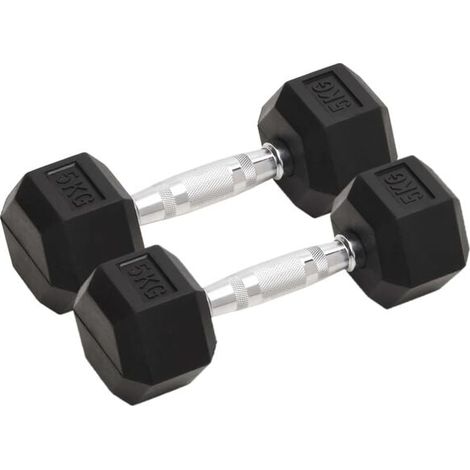 Deux haltères, poids total 10 kg, en fonte.