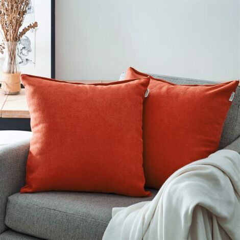 Lot de 2 Housse de Coussin 35x35cm Décoratif Canapé en Chenille Housses Coussin Decoration Chambre Carré Couleur Uni pour Chaise,Voiture,Bureau, Orange-Rouge (1/5)