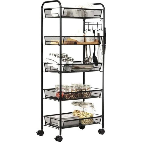 Petit chariot de rangement alimentaire, étagère de cuisine, étagère de rangement au sol à plusieurs niveaux, roulettes mobiles, rangement multifonctionnel pour les collations et autres en-cas. (1/5)
