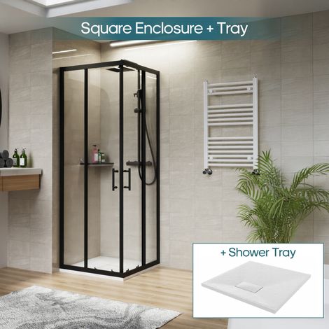 NRG Square Black Sliding Doors Corner Entry Shower Enclosure Bathroom Cubicle 700 x 700mm & White Shower Tray (1/5)