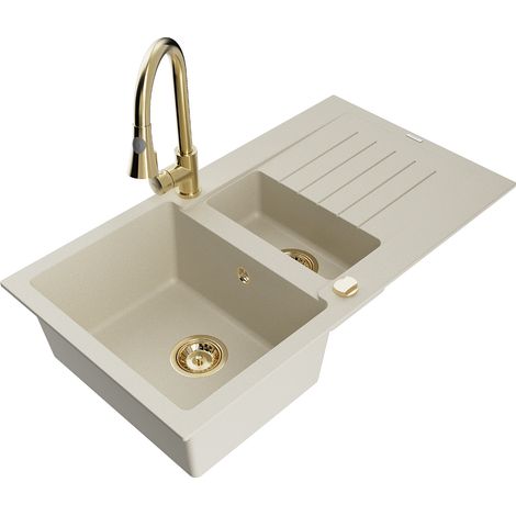 Mexen Matias fregadero de granito de 1,5 senos con escurridor y grifo de cocina Elia, beige - 6502-69-670101-50 (1/5)