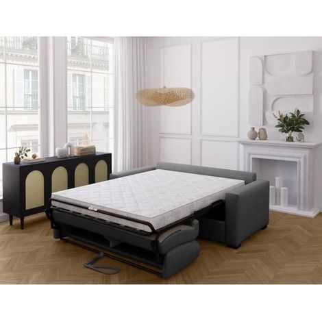 Canapé convertible 3 places express – Tissu anthracite – Couchage 140 x 190 cm – Matelas 14 cm – Dimensions L190 x P100 x H87 cm (1/3)