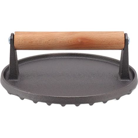 Presse à gril, Surface de crête en fonte, manche en bois confortable, viande ronde pour barbecue, Burger, Bacon. (1/5)