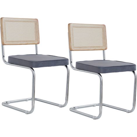 Wokaka Lote de 2 Sillas de Comedor - Ratán y metal - Con Asiento Acolchado - Terciopelo Gris