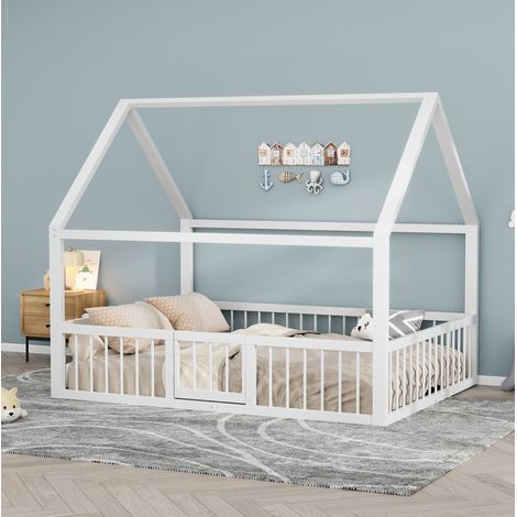 Cama infantil 140x200 cm de metal blanco, ahorra espacio, con techo de casita FLORAGRACE (1/5)