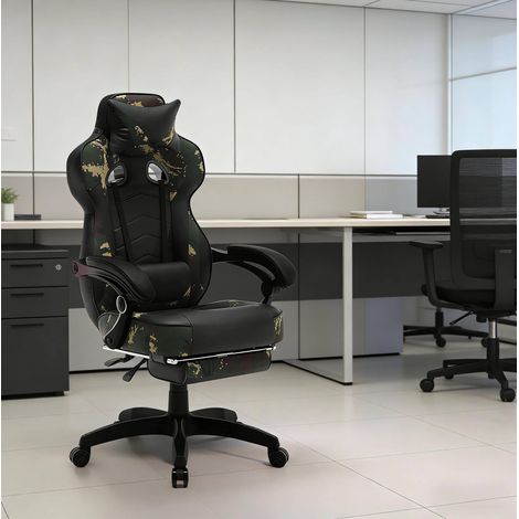 Chaise gaming 56x46x121-128 cm noir et vert en simili cuir avec dossier inclinable et repose-pieds (1/3)