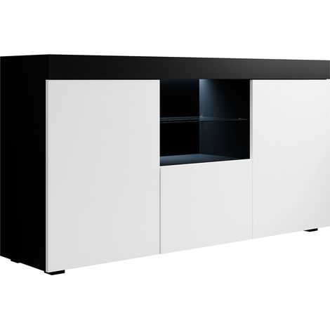Muebles Bonitos – Buffet bas 3 portes avec éclairage LED – Dimensions 150x83x40cm – Finition mate noir et blanc – Meuble de rangement moderne (1/5)