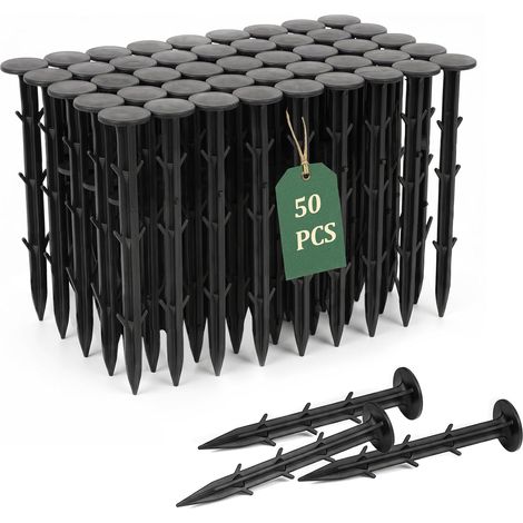 11cm Sardines de Fixation Plastique, ancrage au Sol Noir, piquets de Jardin avec 6 ardillons et incassables, piquets d'ancrage au Sol de Tente pour Tissu de Blocage de l'herbe, 50pcs (1/5)
