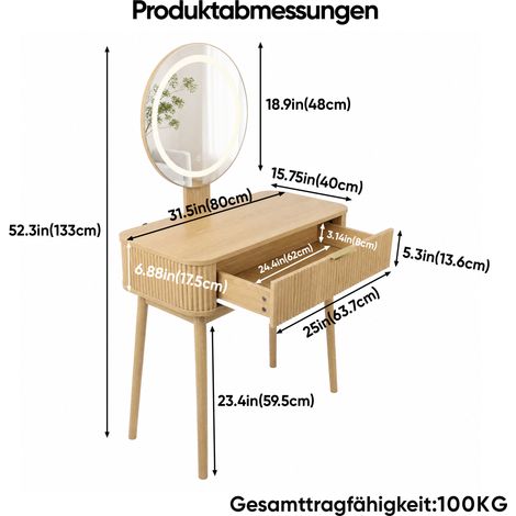 Schminktisch mit LED-Beleuchtung und Spiegel, 80 x 40 x 133 cm, mit extra großen Schubladen, ideal für kleine Räume und Schlafzimmer, Eichenfarbe (Ohne Stühle) (1/5)