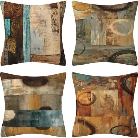 Lot de 4 housses de coussin décoratives brunes 45x45 cm, bleu-vert, motif géométrique contemporain, art abstrait, coussins déco pour salon, chambre, canapé, divan (1/4)