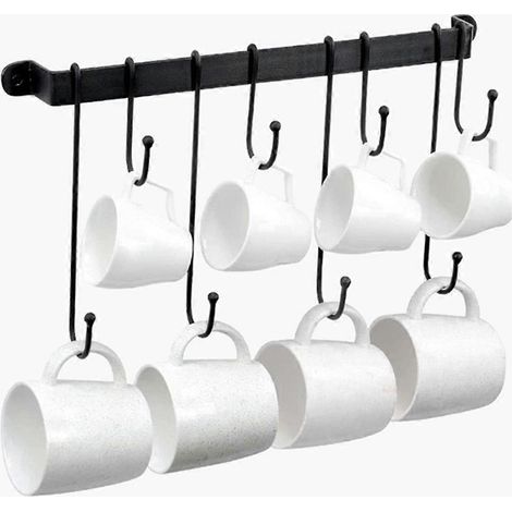 Wandmontierter Kaffeetassenhalter, 43 cm lange Stange mit schwarzen Haken, 2er-Set (1/5)