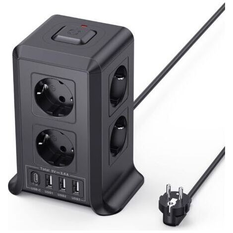 Multiprise avec Interrupteur, Tour Multiprise 8 Prises et 4 USB（3 USB-A&1 USB-C Max 5V/3.4A,Parafoudre et Surtension, 2M Câble à la Maison et au Bureau
