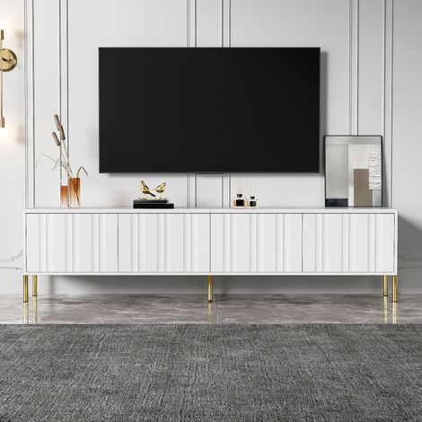 Mueble TV 190x38x48 cm blanco en MDF y tablero de partículas con 4 puertas acanaladas y patas doradas (1/5)