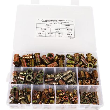 Kit d'outils assorti de 200 inserts filetés et écrous pour meubles en bois et alliage de zinc, boulons M4, M5, M6, M8 et M10 (1/5)