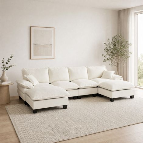 Divano angolare a U 332x151x90 cm, con ottomana modulare removibile, braccioli imbottiti, chenille beige (1/5)