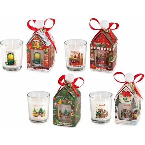 Candele profumate di Natale in bicchiere vetro in confezione regalo a forma di casetta con fiocco, pom pon, set da 8 pezzi, Candela: Ø 5,5 cm x 6,5 H