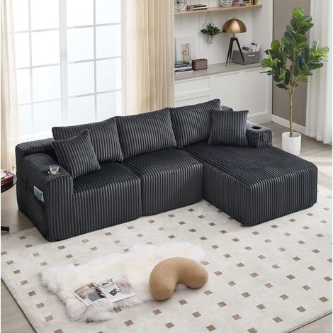 Canapé avec méridienne modulable en velours côtelé gris 257x90/160x62 cm, 5 coussins, porte-gobelets (1/5)