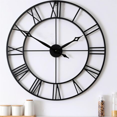 Horloge murale de 40 cm de diamètre, moderne et extra large, en métal noir décoratif avec chiffres romains, idéale pour la décoration du salon et de la maison. (1/5)