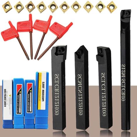 Applicable Outil de tournage de tour, S12MSCLCR09 + SCLCR1212H09 + SCLCL1212H09 + SCMCN1212H09 4 pièces 12 MM tour à tige porte-outil de tournage barre d'alésage, 10 pièces insert en carbure (1/5)