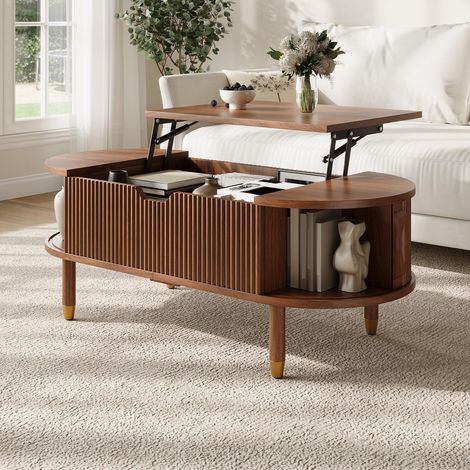 Mesa de centro ovalada elevable con almacenamiento - 110 x 48 x 57 cm - mesa de salón con puertas correderas acanaladas y patas de madera de caucho - nogal (1/5)