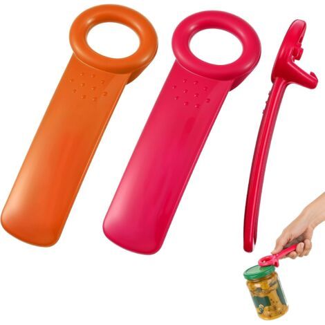 Lot de 2 ouvre-bocaux pour seniors, ouvre-couvercles en plastique, ouvre-boîtes type « clé d'église », 14 cm, rose rouge et orange (1/5)