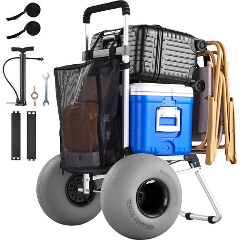 VEVOR Carrello da Spiaggia Ruote Grandi per Sabbia, Carrello Portaoggetti da Spiaggia Carico max 75 kg Ruote a Palloncino 30 cm Telaio in Lega di Alluminio Maniglia Altezza Regolabile, Bianco Argento (1/5)