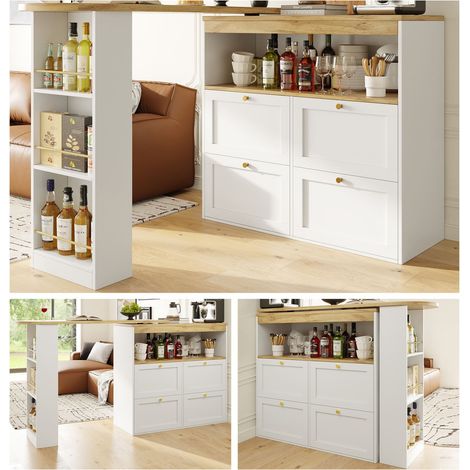 Table bar rotative 360° 105 x 39 x 102 cm avec 4 tiroirs et étagères ouvertes, meuble multifonction blanc (1/5)