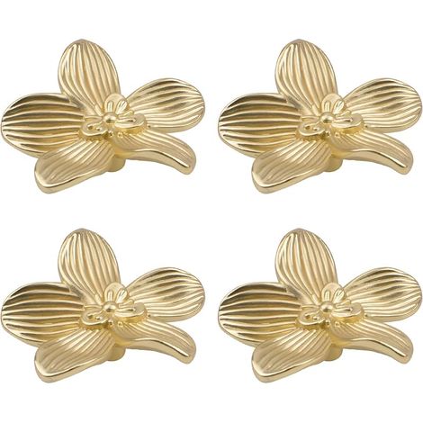 Lot de 4 boutons de commode en laiton massif en forme de fleur en forme de pétale pour armoire, commode, porte, décoration de meubles dorés (1/5)