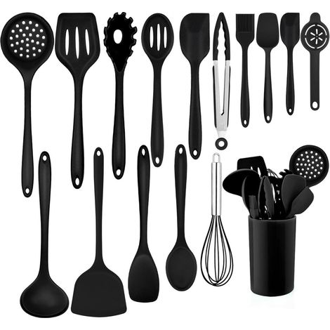 Set d'ustensiles de cuisine 16 pièces Silicone Noir Résistant à la chaleur avec support