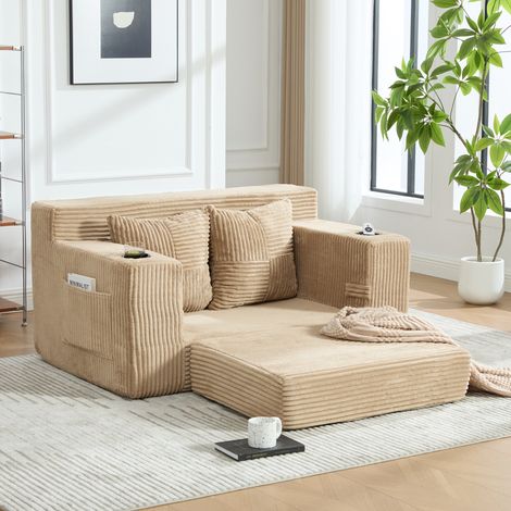 Canapé 2 places en velours côtelé avec 2 coussins, porte-gobelet, pouf décoratif et rangement latéral 151x133x64 cm - Kaki (1/5)