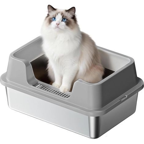 Litière inox  Anti-odeurs Bords hauts anti-fuite Semi-fermé Pour grands chats & multi-chats Facile à nettoyer Avec pelle 503522CM - Gris (1/5)