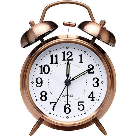 Réveil vintage à quartz avec double cloche silencieuse, veilleuse intégrée, couleur marron – pour chevet chambre à coucher (1/5)