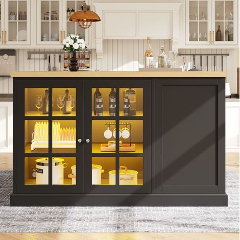 Îlot de cuisine / table bar 120 x 40-70 x 90 cm noir, pliable avec LED et range-bouteilles (1/5)